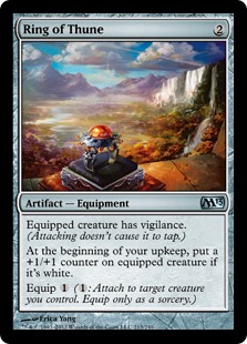 Ring of Thune
 Equipped creature has vigilance. (Attacking doesn't cause it to tap.)
At the beginning of your upkeep, put a +1/+1 counter on equipped creature if it's white.
Equip {1} ({1}: Attach to target creature you control. Equip only as a sorcery.)